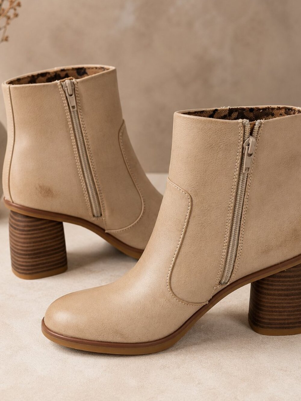 Beige Ankle Booties Block Heel Size 8.5M, NWOT